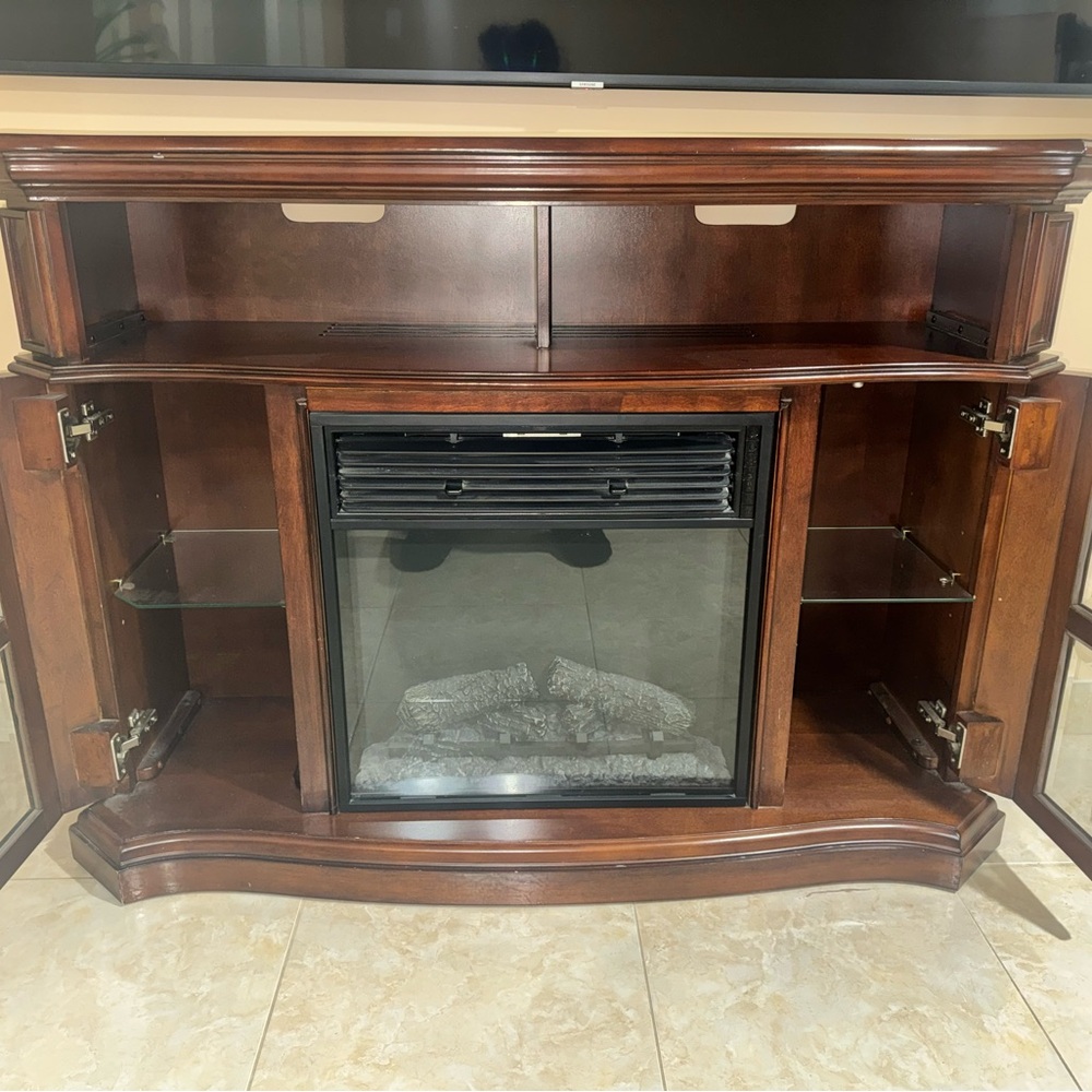 Dark Cherry Wood Electric Fireplace Media Console